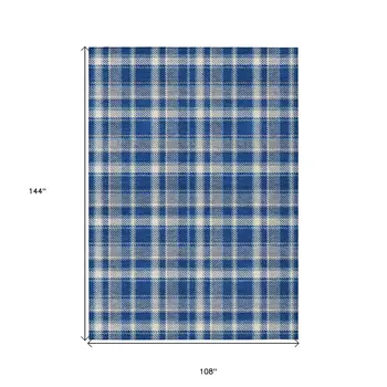 9' X 12' Navy and Ivory Plaid Washable Non Skid Indoor Outdoor Area Rug
