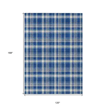 10' X 14' Navy and Ivory Plaid Washable Non Skid Indoor Outdoor Area Rug