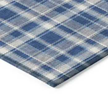 10' X 14' Navy and Ivory Plaid Washable Non Skid Indoor Outdoor Area Rug
