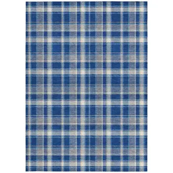 10' X 14' Navy and Ivory Plaid Washable Non Skid Indoor Outdoor Area Rug