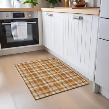 2' X 3' Orange and Ivory Plaid Washable Non Skid Indoor Outdoor Area Rug