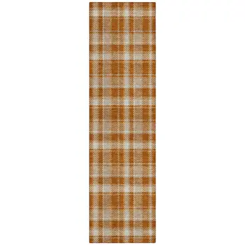 8' Runner Orange and Ivory Plaid Washable Non Skid Indoor Outdoor Runner Rug