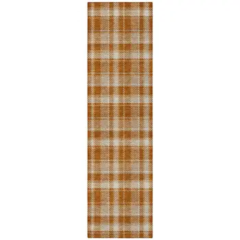 8' Runner Orange and Ivory Plaid Washable Non Skid Indoor Outdoor Runner Rug