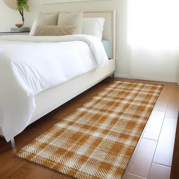 8' Runner Orange and Ivory Plaid Washable Non Skid Indoor Outdoor Runner Rug