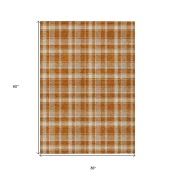 3' X 5' Orange And Ivory Plaid Washable Indoor Outdoor Area Rug