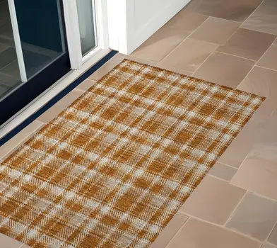 3' X 5' Orange And Ivory Plaid Washable Indoor Outdoor Area Rug