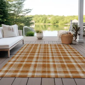 5' X 8' Orange and Ivory Plaid Washable Non Skid Indoor Outdoor Area Rug