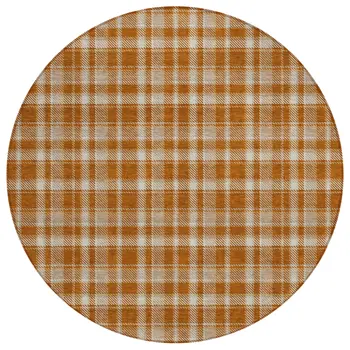 8' Round Orange and Ivory Round Plaid Washable Non Skid Indoor Outdoor Area Rug