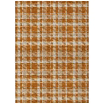 8' X 10' Orange and Ivory Plaid Washable Non Skid Indoor Outdoor Area Rug