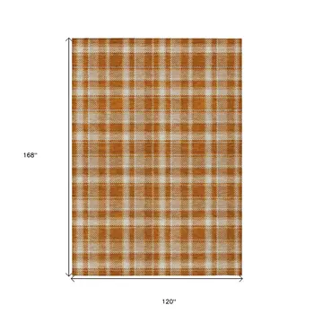 10' X 14' Orange and Ivory Plaid Vacuum or Hose Rinse Non Skid Indoor Outdoor Area Rug