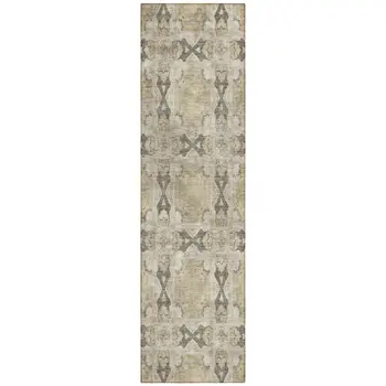 8' Runner Beige and Gray Floral Medallion Washable Non Skid Indoor Outdoor Runner Rug