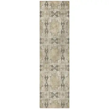 8' Runner Beige and Gray Floral Medallion Washable Non Skid Indoor Outdoor Runner Rug