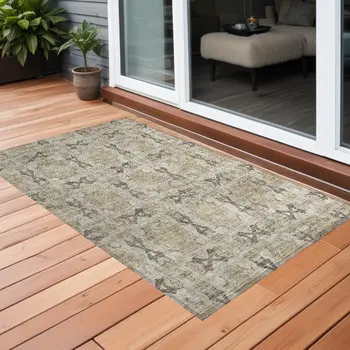3' X 5' Beige and Gray Floral Medallion Washable Non Skid Indoor Outdoor Area Rug
