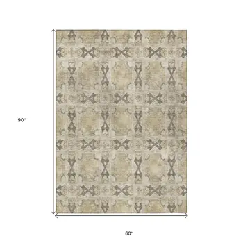 5' X 8' Beige and Gray Floral Medallion Washable Non Skid Indoor Outdoor Area Rug