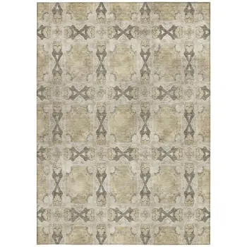 5' X 8' Beige and Gray Floral Medallion Washable Non Skid Indoor Outdoor Area Rug
