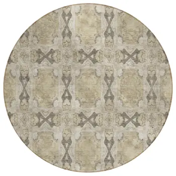 8' Beige And Gray Round Floral Medallion Washable Indoor Outdoor Area Rug