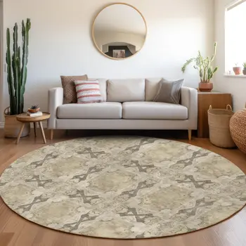 8' Beige And Gray Round Floral Medallion Washable Indoor Outdoor Area Rug