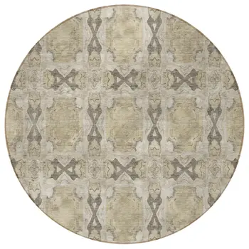 8' Beige And Gray Round Floral Medallion Washable Indoor Outdoor Area Rug