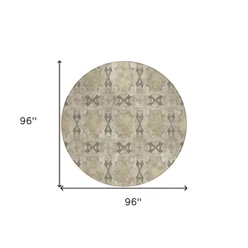 8' Beige And Gray Round Floral Medallion Washable Indoor Outdoor Area Rug