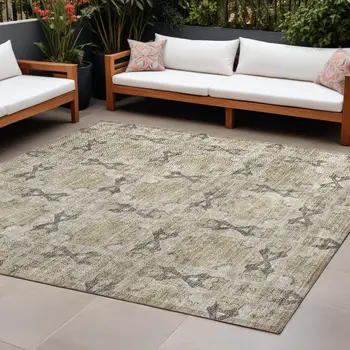 8' X 10' Beige and Gray Floral Medallion Washable Non Skid Indoor Outdoor Area Rug