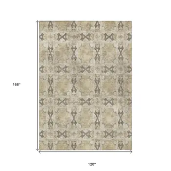 10' X 14' Beige and Gray Floral Medallion Washable Non Skid Indoor Outdoor Area Rug