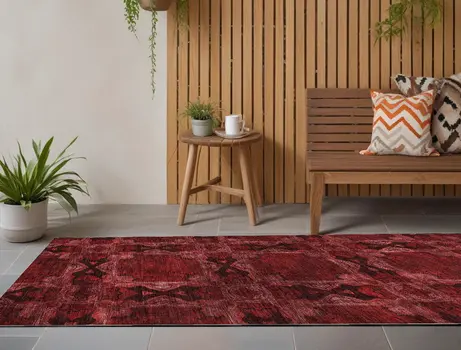 8' Burgundy And Black Floral Medallion Washable Indoor Outdoor Runner Rug
