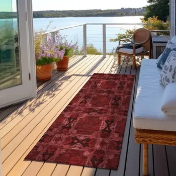 8' Burgundy And Black Floral Medallion Washable Indoor Outdoor Runner Rug