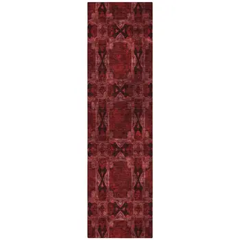 8' Burgundy And Black Floral Medallion Washable Indoor Outdoor Runner Rug