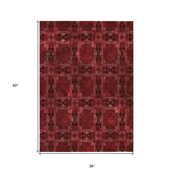 3' X 5' Burgundy And Black Floral Medallion Washable Indoor Outdoor Area Rug