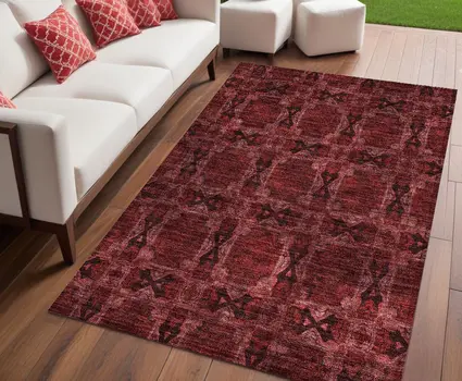 5' X 8' Burgundy and Black Floral Medallion Washable Non Skid Indoor Outdoor Area Rug