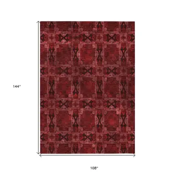 9' X 12' Burgundy and Black Floral Medallion Washable Non Skid Indoor Outdoor Area Rug