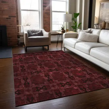 9' X 12' Burgundy and Black Floral Medallion Washable Non Skid Indoor Outdoor Area Rug