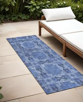 8' Runner Denim Blue and Gray Floral Medallion Washable Non Skid Indoor Outdoor Runner Rug