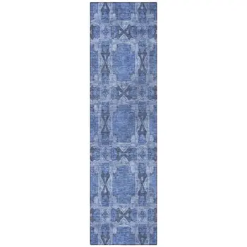 8' Runner Denim Blue and Gray Floral Medallion Washable Non Skid Indoor Outdoor Runner Rug