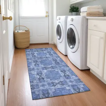 8' Runner Denim Blue and Gray Floral Medallion Washable Non Skid Indoor Outdoor Runner Rug