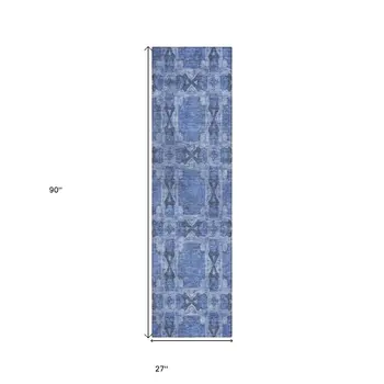 8' Runner Denim Blue and Gray Floral Medallion Washable Non Skid Indoor Outdoor Runner Rug