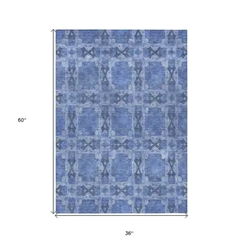 3' X 5' Denim Blue and Gray Floral Medallion Washable Non Skid Indoor Outdoor Area Rug