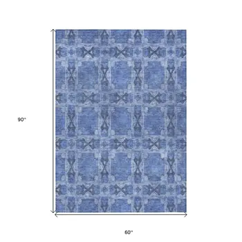 5' X 8' Denim Blue And Gray Floral Medallion Washable Indoor Outdoor Area Rug
