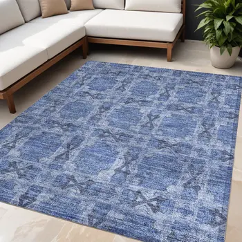 5' X 8' Denim Blue And Gray Floral Medallion Washable Indoor Outdoor Area Rug