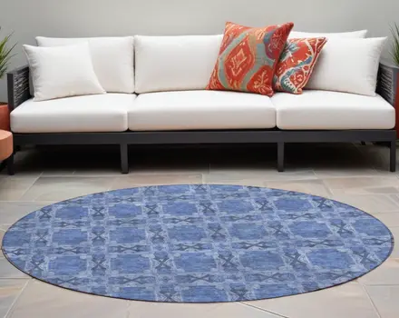 8' Round Denim Blue and Gray Round Floral Medallion Washable Non Skid Indoor Outdoor Area Rug