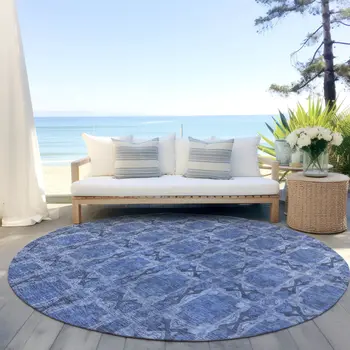 8' Round Denim Blue and Gray Round Floral Medallion Washable Non Skid Indoor Outdoor Area Rug