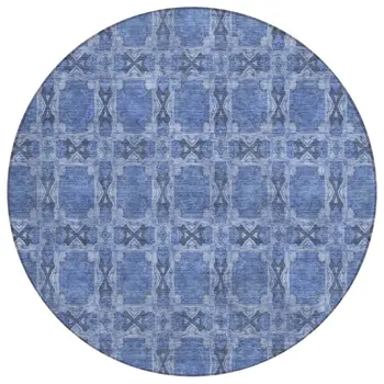 8' Round Denim Blue and Gray Round Floral Medallion Washable Non Skid Indoor Outdoor Area Rug
