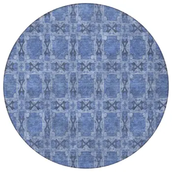 8' Round Denim Blue and Gray Round Floral Medallion Washable Non Skid Indoor Outdoor Area Rug