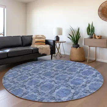 8' Round Denim Blue and Gray Round Floral Medallion Washable Non Skid Indoor Outdoor Area Rug