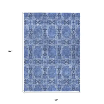 9' X 12' Denim Blue And Gray Floral Medallion Washable Indoor Outdoor Area Rug