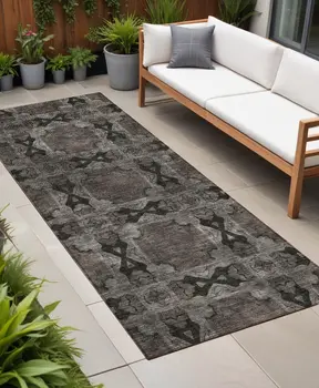 8' Runner Gray and Black Floral Medallion Washable Non Skid Indoor Outdoor Runner Rug