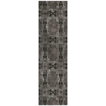 8' Runner Gray and Black Floral Medallion Washable Non Skid Indoor Outdoor Runner Rug