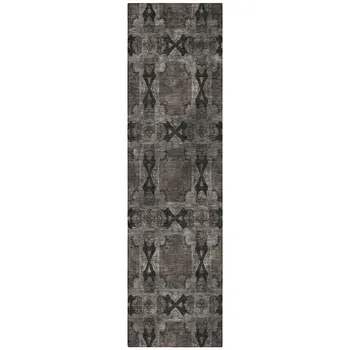 8' Runner Gray and Black Floral Medallion Washable Non Skid Indoor Outdoor Runner Rug