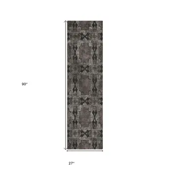 8' Runner Gray and Black Floral Medallion Washable Non Skid Indoor Outdoor Runner Rug