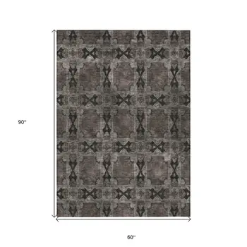 5' X 8' Gray And Black Floral Medallion Washable Indoor Outdoor Area Rug
